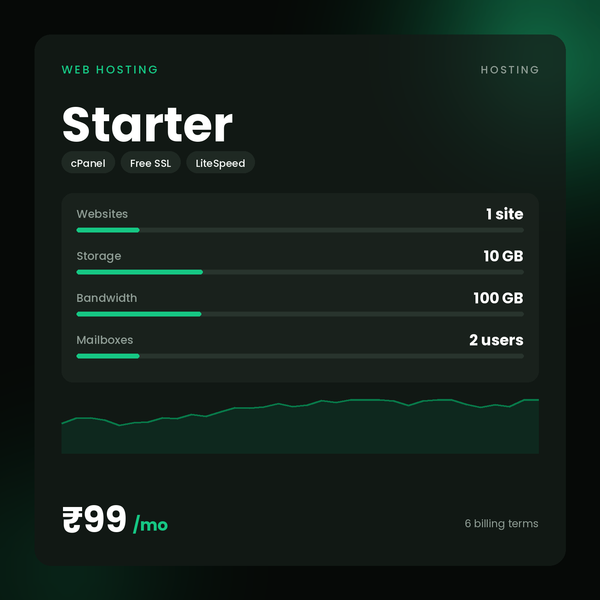 HostGraber Starter – Web Hosting plan with 1 Website Hosted, 10 GB SSD Storage, 100 GB Monthly Bandwidth