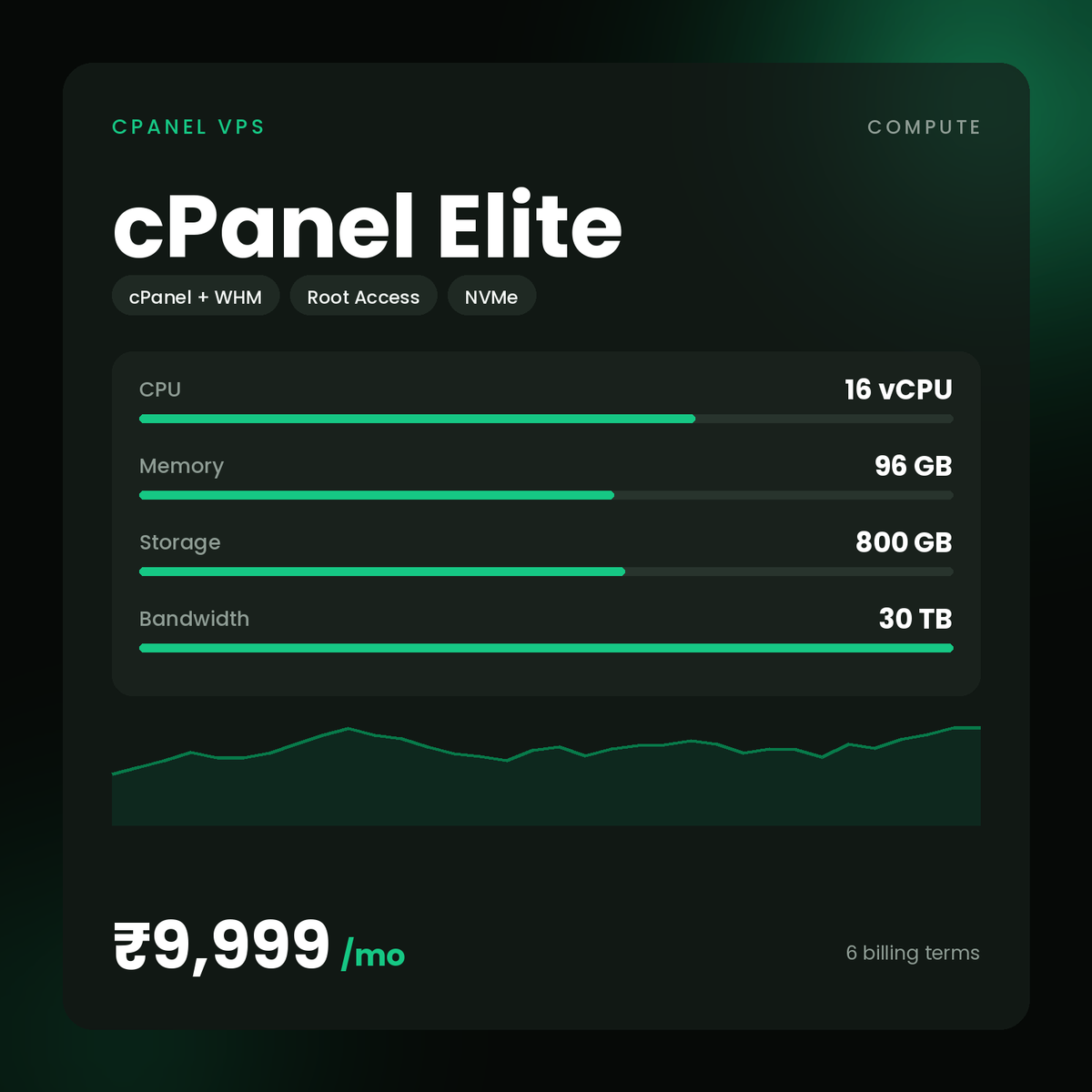 HostGraber cPanel Elite – cPanel VPS plan with 16 vCPU Cores, 96 GB RAM, 800 GB NVMe SSD