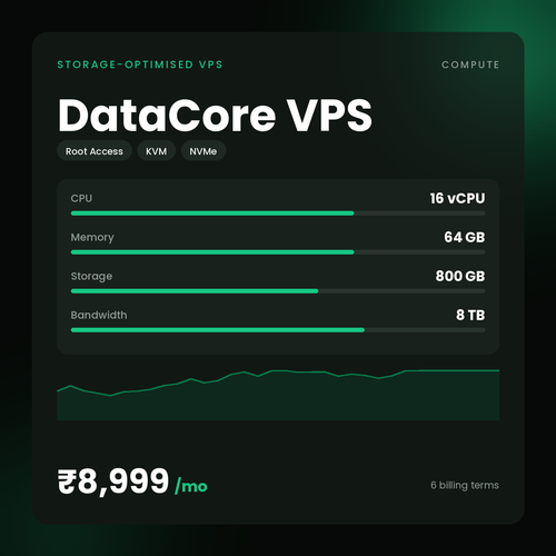 HostGraber DataCore VPS – Storage-Optimised VPS plan with 16 vCPU Cores, 64 GB RAM, 800 GB NVMe SSD