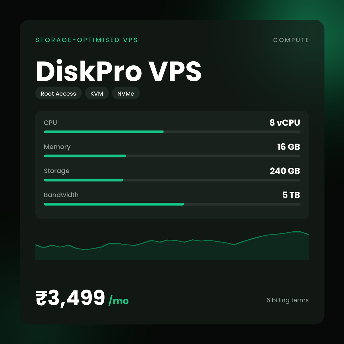 HostGraber DiskPro VPS – Storage-Optimised VPS plan with 8 vCPU Cores, 16 GB RAM, 240 GB NVMe SSD