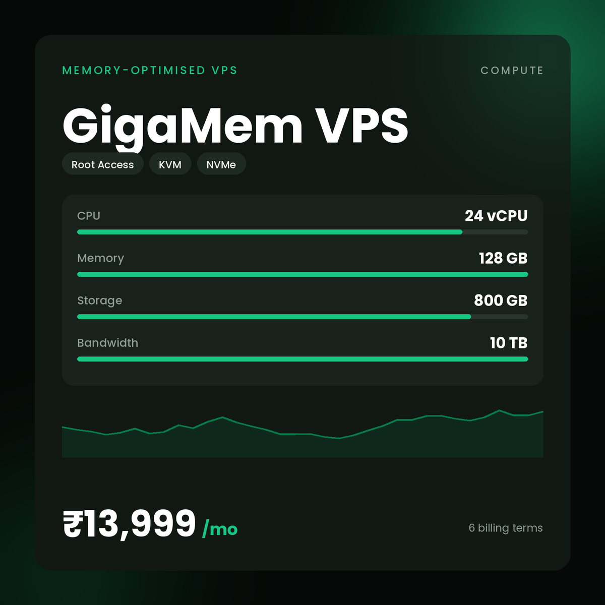 HostGraber GigaMem VPS – Memory-Optimised VPS plan with 24 vCPU Cores, 128 GB RAM, 800 GB NVMe SSD