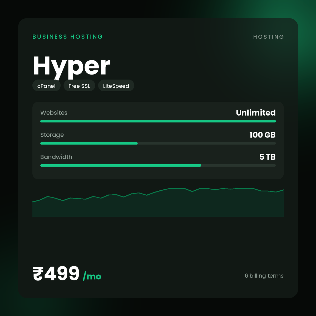 HostGraber Hyper – Business Hosting plan with Unlimited Websites Hosted, 100 GB NVMe SSD, 5 TB Monthly Bandwidth