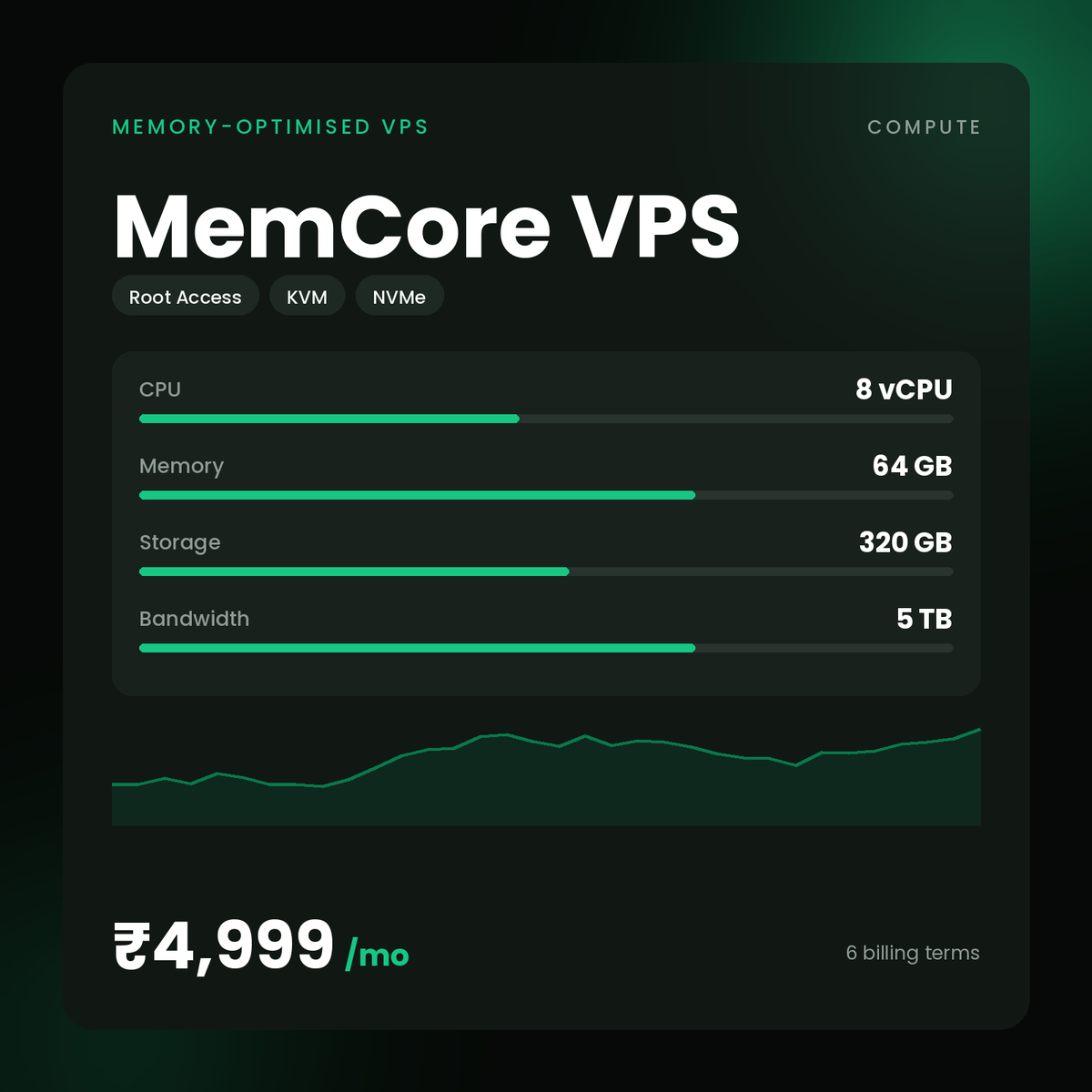 HostGraber MemCore VPS – Memory-Optimised VPS plan with 8 vCPU Cores, 64 GB RAM, 320 GB NVMe SSD