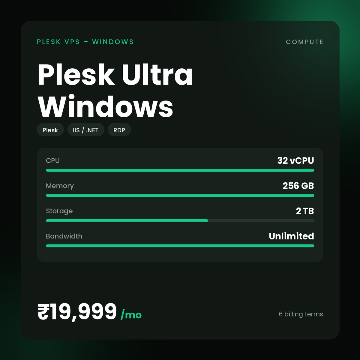 HostGraber Plesk Ultra Windows – Plesk VPS – Windows plan with 32 vCPU Cores, 256 GB RAM, 2 TB NVMe SSD