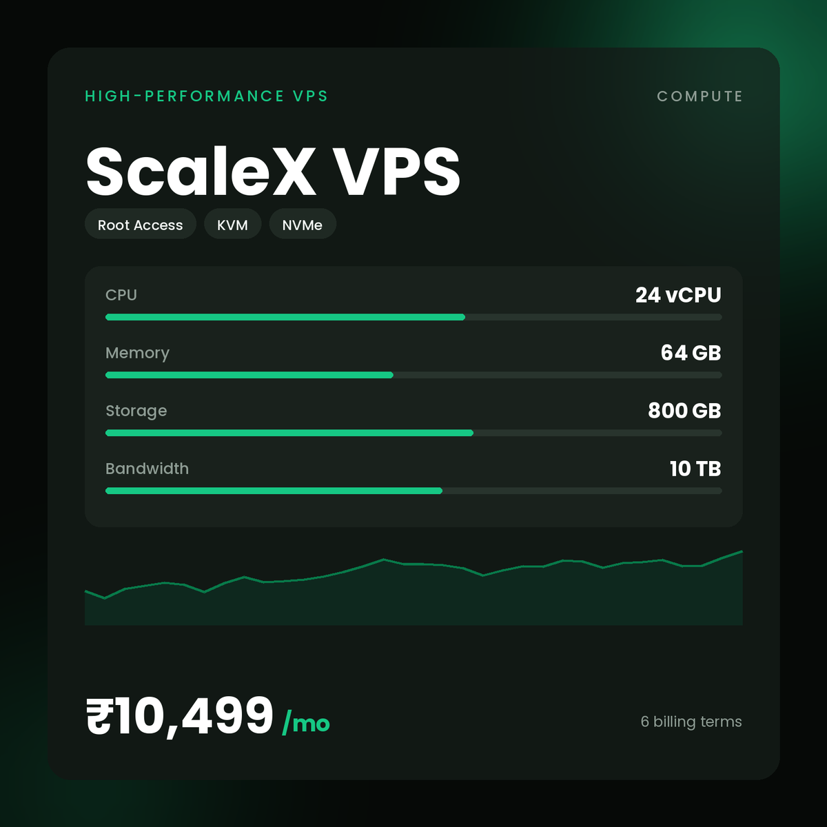 HostGraber ScaleX VPS – High-Performance VPS plan with 24 vCPU Cores, 64 GB RAM, 800 GB NVMe SSD