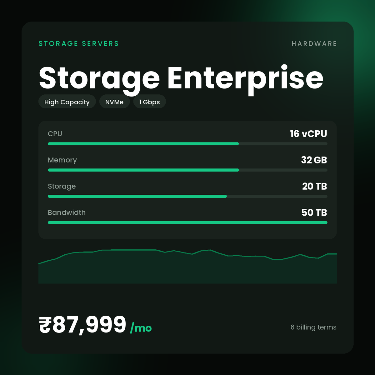 HostGraber Storage Enterprise – Storage Servers plan with 16 vCPU Cores, 32 GB RAM, 20 TB NVMe SSD