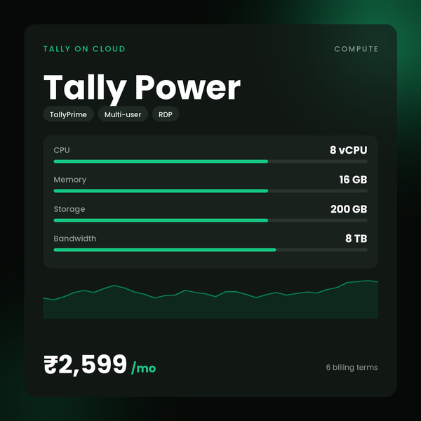 HostGraber Tally Power – Tally on Cloud plan with 8 vCPU Cores, 16 GB RAM, 200 GB SSD Storage