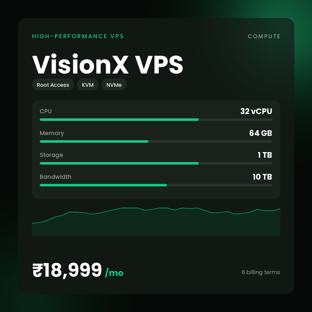 HostGraber VisionX VPS – High-Performance VPS plan with 32 vCPU Cores, 64 GB RAM, 1000 GB NVMe SSD